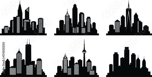 Modern black city skyline silhouette collection with tall skyscrapers, urban buildings, and architectural cityscape design for illustration and background use