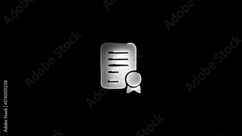 A silver glowing icon of a certificate with a seal on a black background diploma award