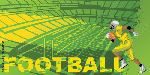 American Football Rugby Sport Poster Background with Players in Dynamic Motion and Stadium Arena Grunge Style
