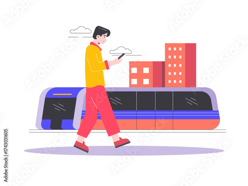 A man is walking while looking at his phone while a high-speed train is passing by. Modern transportation illustration. Flat vector illustration.