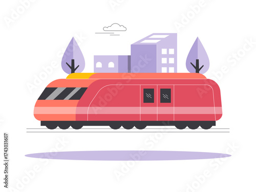 A unique modern train operating on the tracks in city. Modern transportation illustration. Flat vector illustration.