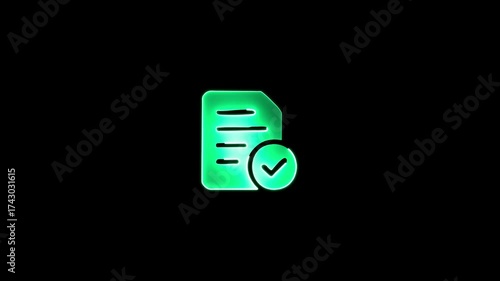 Glowing Green Document Icon with Checkmark Symbol on Black Background tick approved