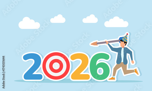 Man wearing a party hat running with an arrow aiming to hit a target board shaped like zero in the number 2026 illustration of appreciation for New Year 2026 celebration