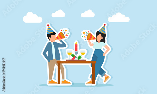 Man and woman wearing party hats blowing trumpets together near a table decorated with candles and glasses illustration of a celebration or festival event