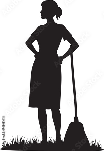 Black silhouette woman with broom standing on grass