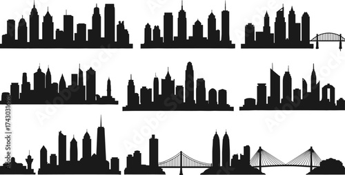 Modern city skyline silhouette collection with bridges and skyscrapers, urban architecture illustration, downtown cityscape design, metropolitan skyline vector art