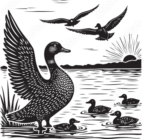 Duck family on water with birds flying at sunrise ducks