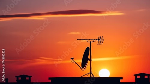 Sunset Silhouette - Antenna and Satellite Dish Against a Fiery Sky.