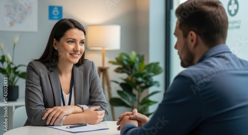 Wallpaper Mural A woman in a suit and tie smiling at a man in a suit and tie in an office setting. Torontodigital.ca