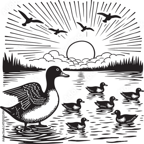 Duck family swimming in lake at sunrise with birds flying