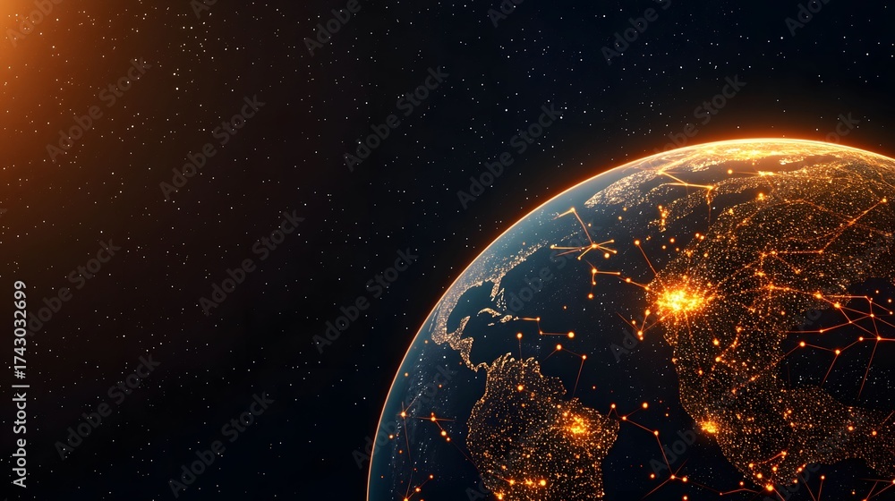 Obraz premium The image features an interconnected Earth with city lights glowing brightly at night, against a dark background filled with stars, suggesting a global network.