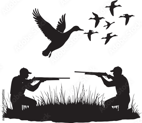 Duck hunters aiming shotguns at flying ducks silhouette 1
