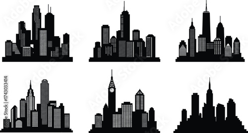 Modern city skyline silhouette collection with tall skyscrapers and urban buildings, black cityscape vector illustration for architecture and design