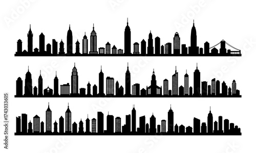 Modern city skyline silhouette collection, urban skyscraper buildings illustration, downtown architecture design, metropolitan cityscape background, black skyline vector art