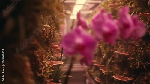 Vibrant orchids bloom in a lush greenhouse, surrounded by greenery and soft lighting