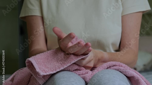 Hand cream.Close-up video of female hand with moisturizing cream.