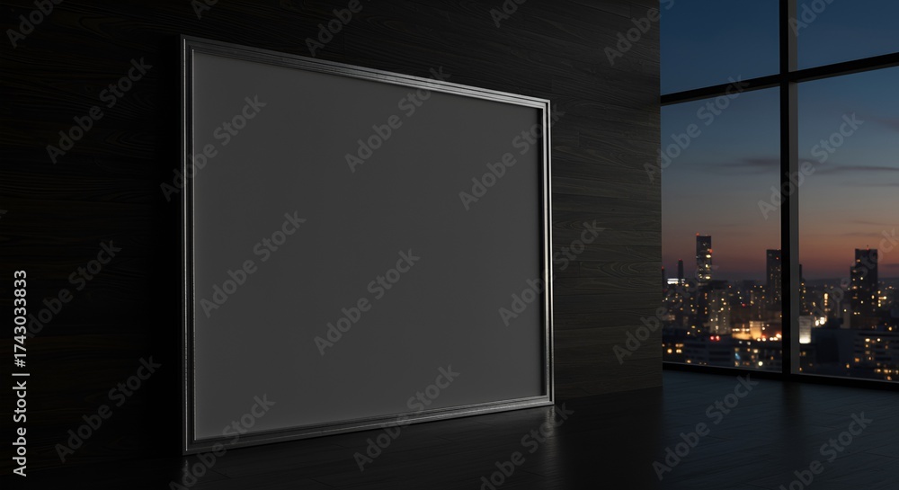 Fototapeta premium Dark interior featuring an empty frame and a cityscape view at dusk, creating artistic mood.