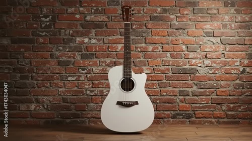 White acoustic guitar against rustic brick wall