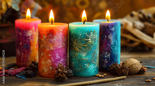 Four colorful lit pillar candles with intricate patterns and warm glow