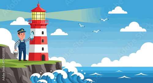 Lighthouse Keeper Maintaining Coastal Beacon with Ocean Waves and Clear Sky.