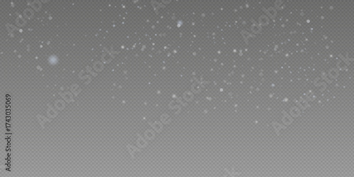 Christmas glittering snowflakes in air on transparent background. Snow overlay effects. Snow background. Heavy snowfall with frosty particles. Winter ambiance.