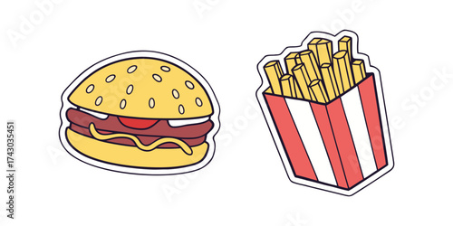 Illustration of a burger and fries isolated on white background