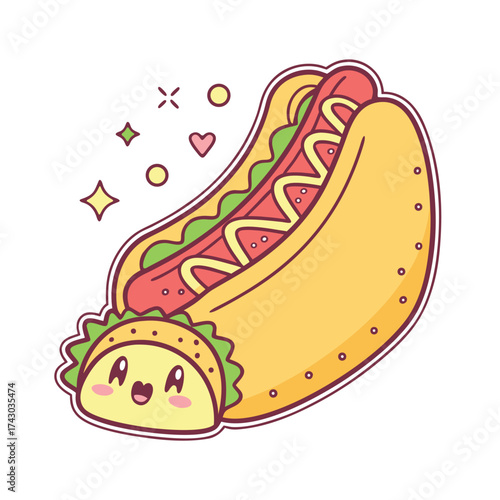 Kawaii hotdog and taco sticker isolated on white background with sparkle