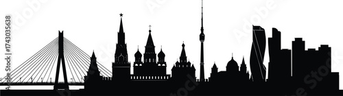 Moscow city skyline silhouette illustration, famous landmarks, Russian architecture, travel destination, urban landscape art, cultural heritage, vector design for tourism
