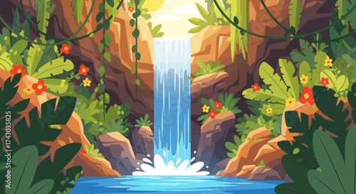 Lush Jungle Waterfall Scene with Vibrant Flora and Clear Water.