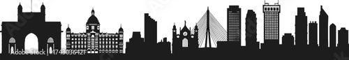 Mumbai city skyline silhouette vector illustration, India architecture landmark, urban cityscape design, famous buildings, travel tourism art, modern landscapeMumbai city skyline silhouette vector 