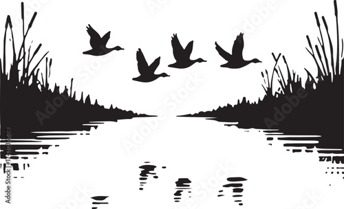 Four ducks flying over water with reeds marsh
