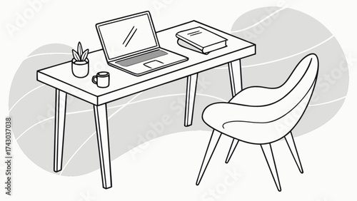 Illustration of home office setup with desk, laptop, book, plant, mug, and chair for remote work design