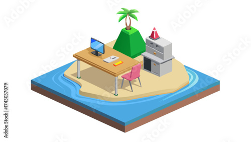 Isometric office on a tropical island with palm tree desk computer chair and filing cabinet vector art