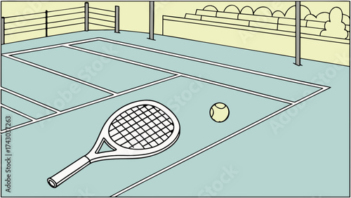 Tennis court with racket and ball illustration for sports equipment and recreation activity concept design