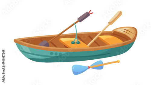 Explore the lake with a cartoon rowboat: vector illustration of boat, oars, and watercraft fun