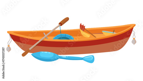 Illustration of a wooden row boat with oars for rowing on the water for fishing and recreation