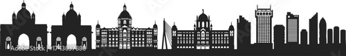 Mumbai city skyline silhouette vector illustration, Indian architecture landmarks, modern skyscrapers, travel tourism art, urban design, cultural heritage 