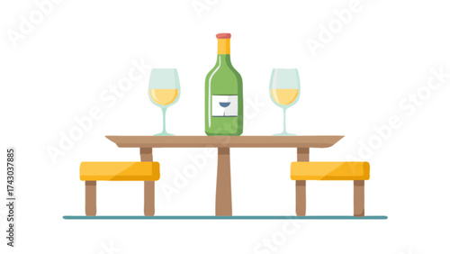 Illustration of green wine bottle and two wine glasses on wooden table with stools vector design