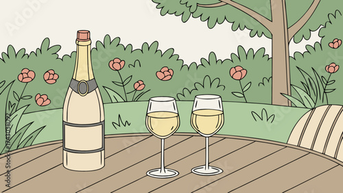 Illustration of champagne bottle and wine glasses on table in garden setting for celebration event