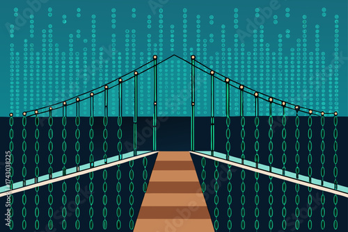 suspended bridge over a sea of binary code particl