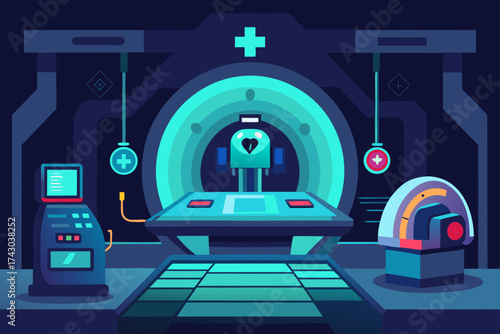 sci fi medical bay with glowing diagnostics and pa