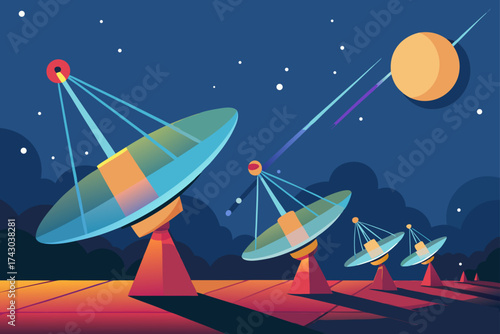 satellite dish array emitting bright plasma beams