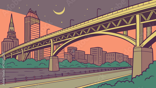 Cityscape bridge skyline at night vector illustration urban landscape architecture travel destination art