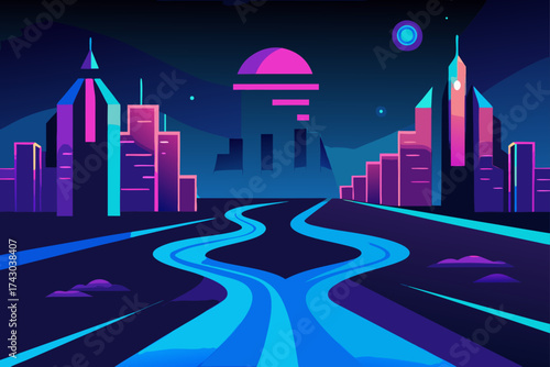 neon river flowing through a futuristic city with