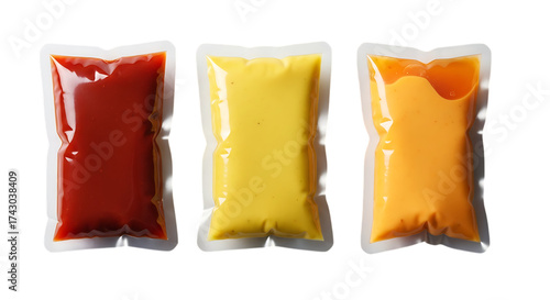 Red yellow orange sauce packets isolated on a transparent background