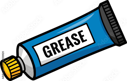 Cartoon Tube of Grease with Bold Text and Blue Color Scheme