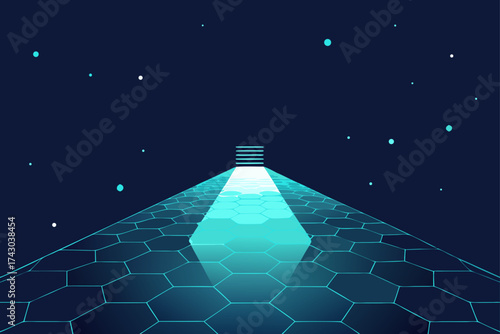 luminous floating path in a void  made of hexagona