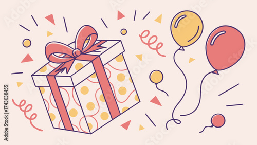 Celebrate birthday party with gift box balloons and confetti vector illustration graphic design