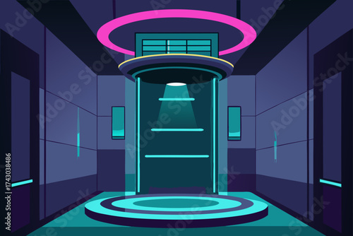 illuminated sci fi elevator shaft with glass walls
