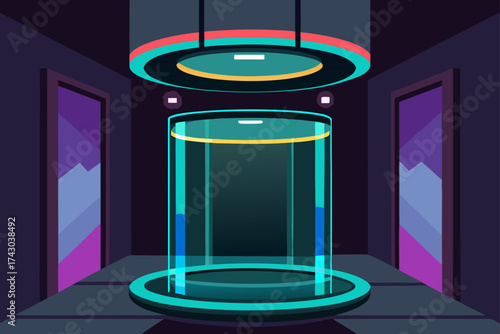 illuminated sci fi elevator shaft with glass walls